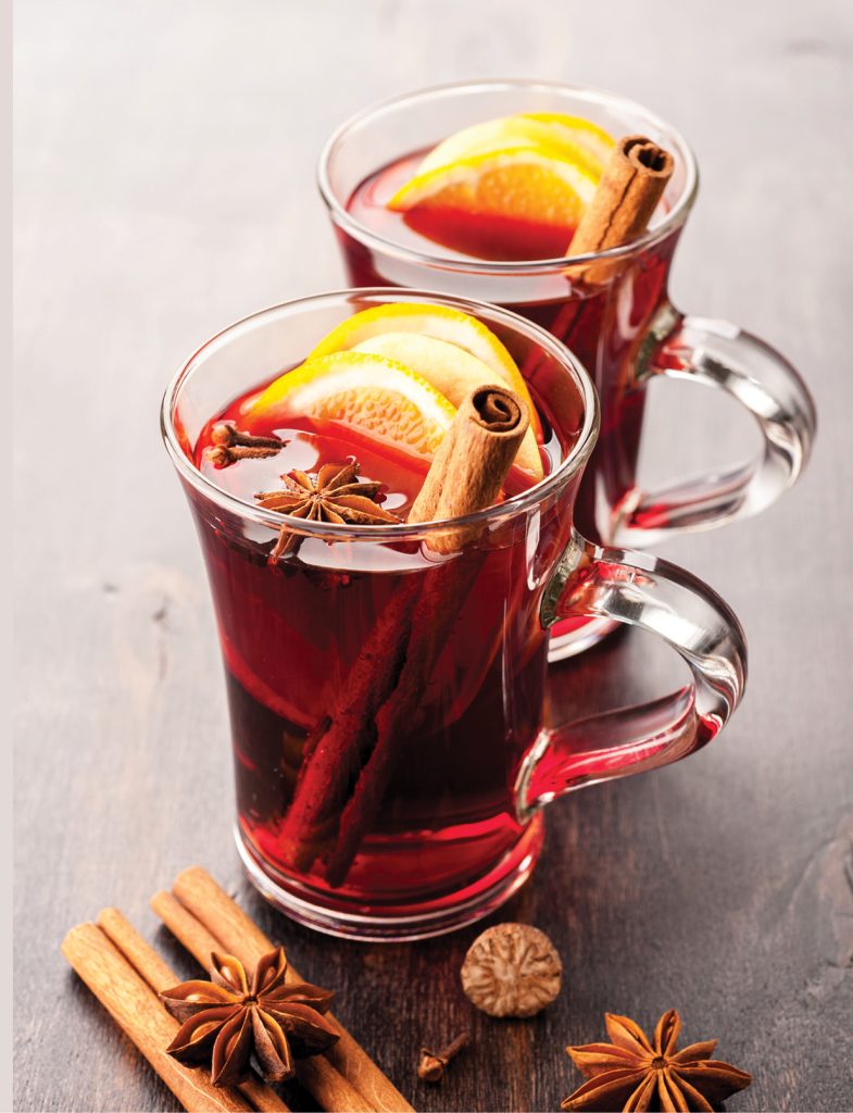 1bottle (750 mL) of red wine 3 cinnamon sticks rind of 1 orange 4 whole cloves 1 small roughly grated nutmeg 2 whole star anise ¼ cup honey » Add all the ingredients to a saucepan, and heat just to boiling, then quickly reduce heat to the lowest setting. Cover and let simmer for at least 20-30 minutes, stirring occasionally. Serve in thick glasses or mugs and garnish as desired, with strips of orange zest, cinnamon sticks, or other spices.