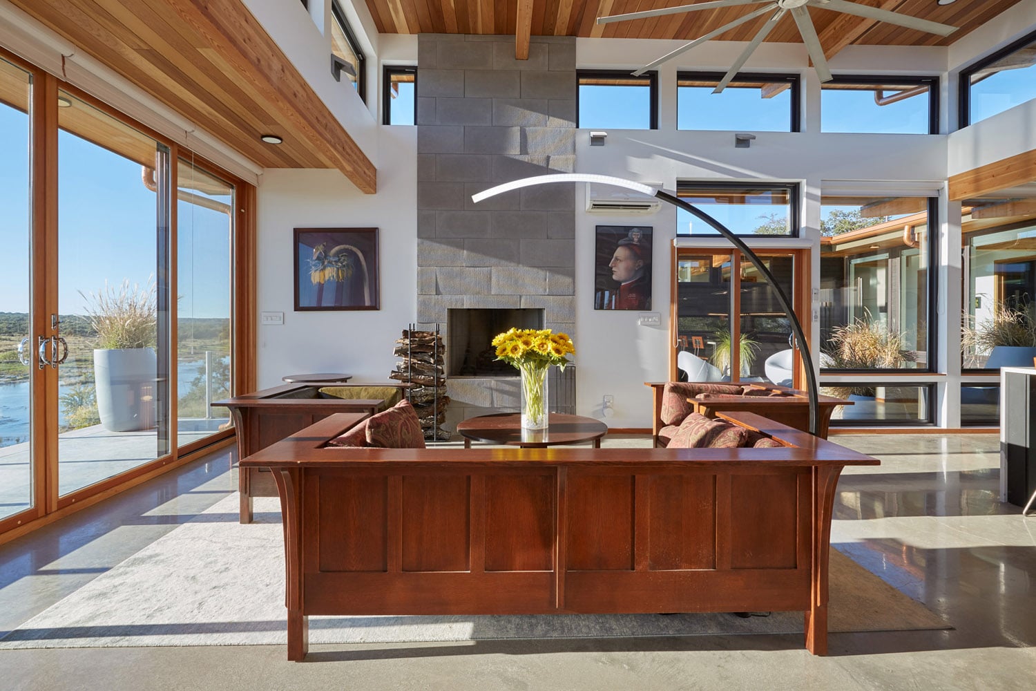 living room Jeff Derebery’s custom Lindal Hestia home in the Texas Hill Country, Johnson City