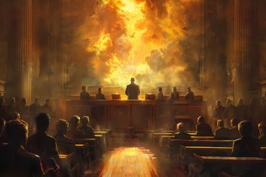 A painting of a courtroom with a man in a suit standing in front of a crowd of p