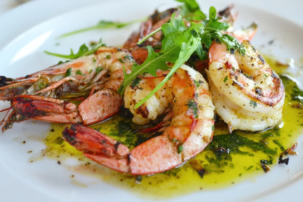 Savory grilled shrimp garnished with fresh herbs and a drizzle o