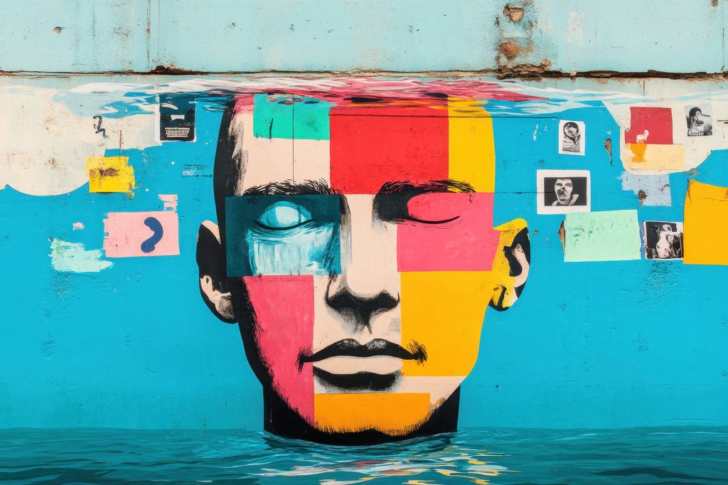 Fake News, Content Sharing A vibrant mural featuring a stylized Fake News, Content Sharing A vibrant mural featuring a stylized