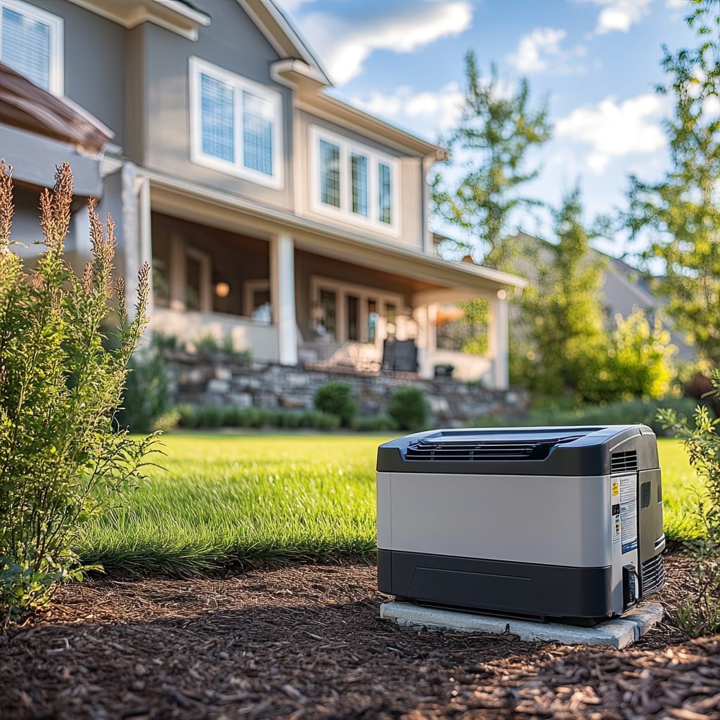 A home standby generator installed in the backyard for residenti A home standby generator installed in the backyard for residential; Power Trip Be Prepared for Outages with a Generator