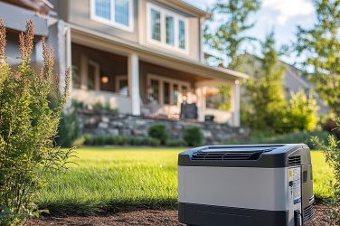 A home standby generator installed in the backyard for residential; Power Trip Be Prepared for Outages with a Generator