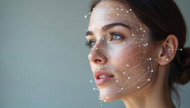 The Future of Beauty | How AI is Transforming Cosmetic Services; Facial scan of beautiful woman showing connected lines, dots forming face muscle shapes Futuristic scanner recognition tech for profile treatment, skincare, beauty, cosmetic industry, plastic