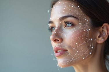 The Future of Beauty | How AI is Transforming Cosmetic Services; Facial scan of beautiful woman showing connected lines, dots forming face muscle shapes Futuristic scanner recognition tech for profile treatment, skincare, beauty, cosmetic industry, plastic