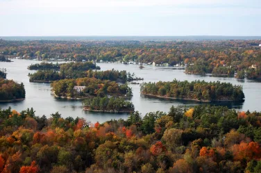 Aerian view of Thousand Islands in fall, from Sky deck on Hill I