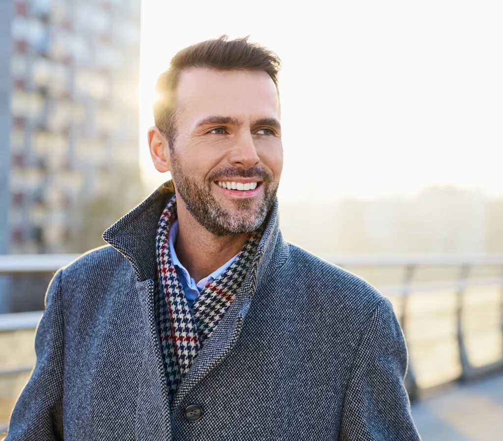 Happy man standing outdoors during sunny winter day; A SWIFT Smile The 411 On Teeth in a Day