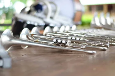 silver trumpets lined up on hardwood floor
