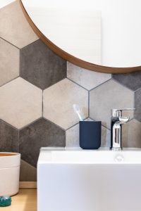 Interior of a house, private bathroom hexagonal majolica with n