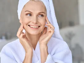 Happy smiling mid age woman looking away touching face in bathroom medspa menu Services to Enhance Your Appearance By Mimi Greenwood Knight