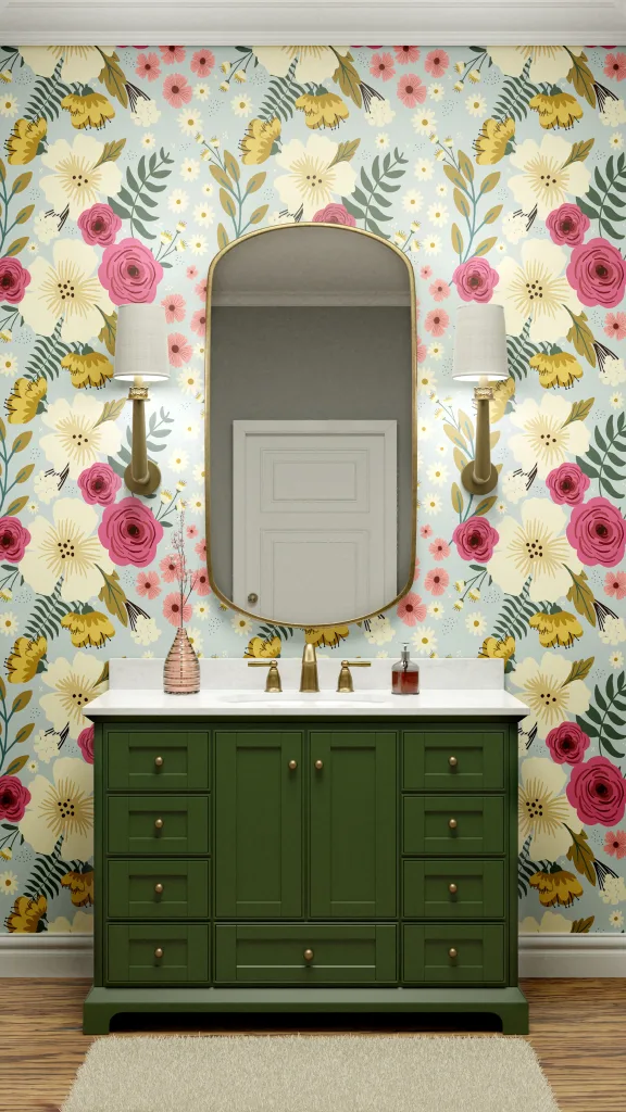 The Wonderful World of Wallpaper; 3d powder room render with sink mirror and flower wallpaper