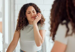 Toothache, oral pain and dental sensitivity for a woman brushing her teeth in the morning.