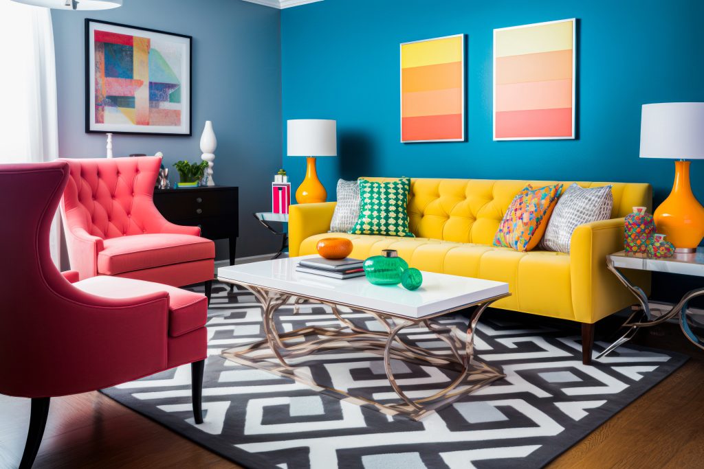 Vibrant living room with statement furniture and eclectic decor,