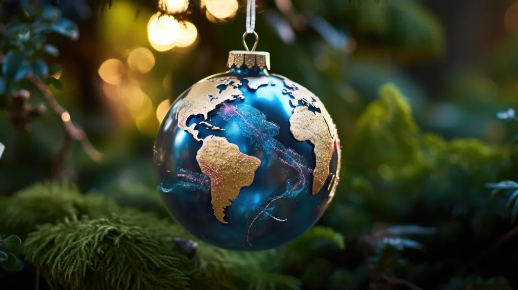 Holiday Traditions and Celebrations from Around the Globe
 A globe ornament hanging from a christmas tree Generative AI image