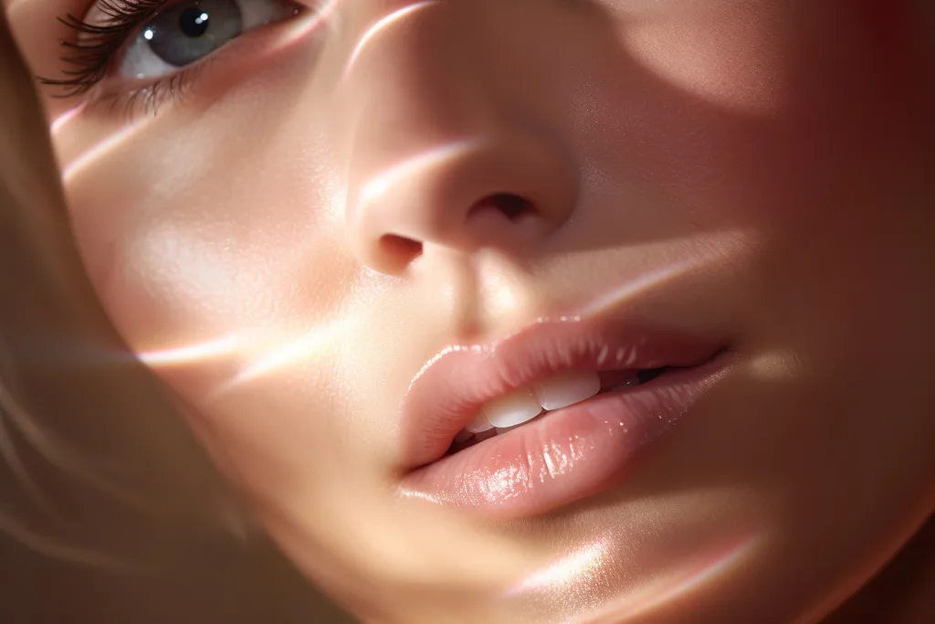 A close up portrait of a young Caucasian woman with flawless skin, exuding elegance and sensuality