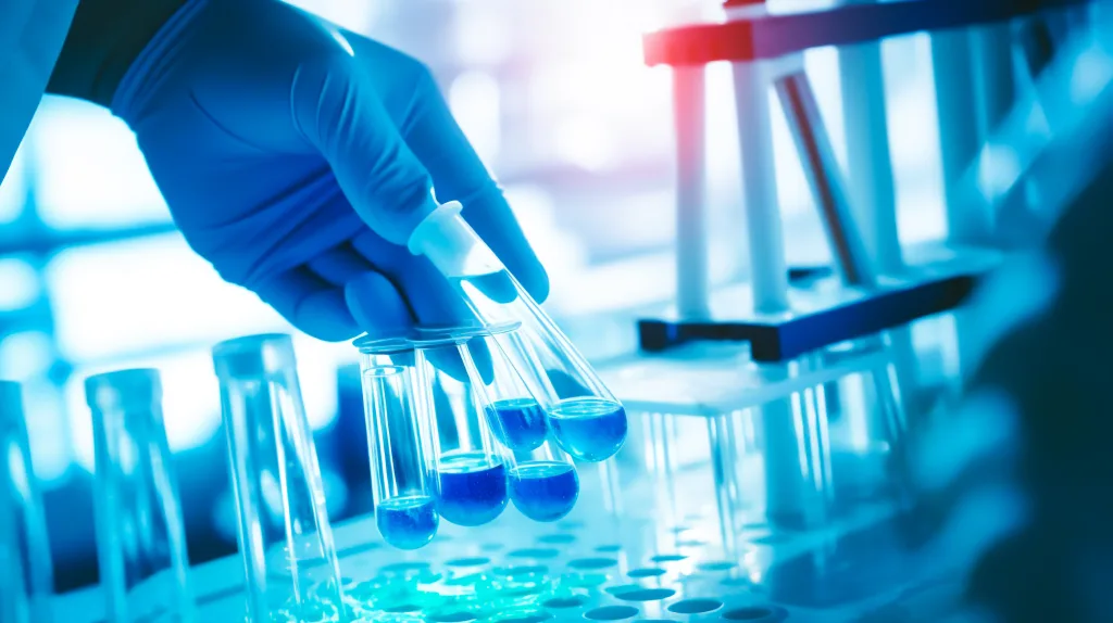 a researcher holding a test tube containing a vibrant blue liquid, symbolizing the potential HIV cure In the background, a microscope focuses on cancer cells, indicating the use of an existing cancer