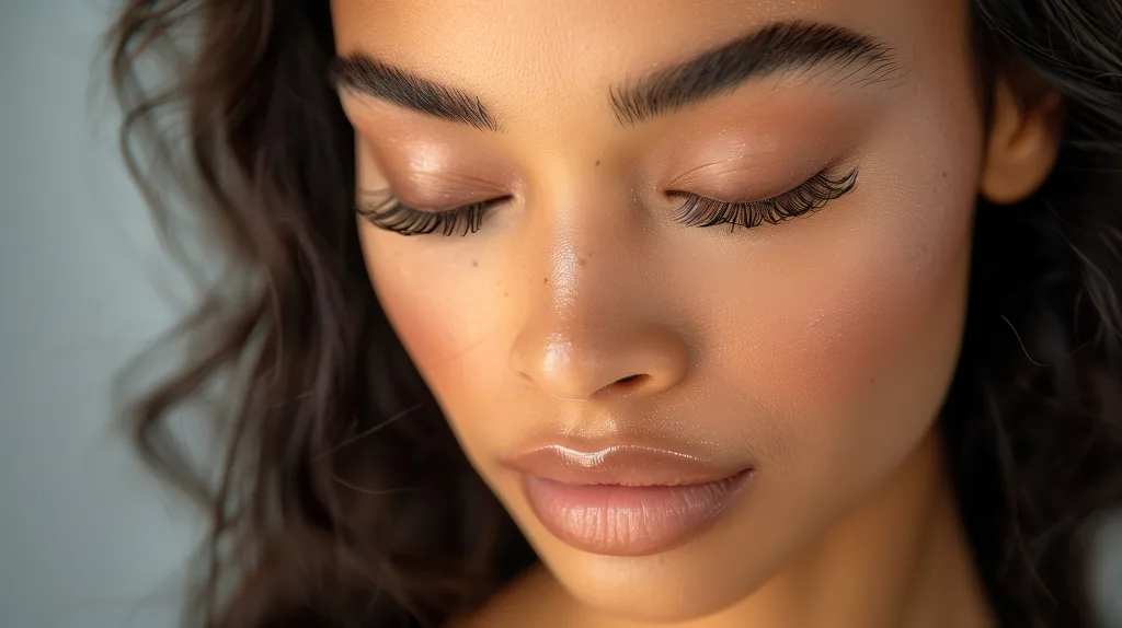 full mink lashes, eyes closed woman with long wavy jet black hai full mink lashes, eyes closed woman with long wavy jet black hair; elevated eyebrows dynamic duo