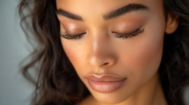 full mink lashes, eyes closed woman with long wavy jet black hair; elevated eyebrows dynamic duo