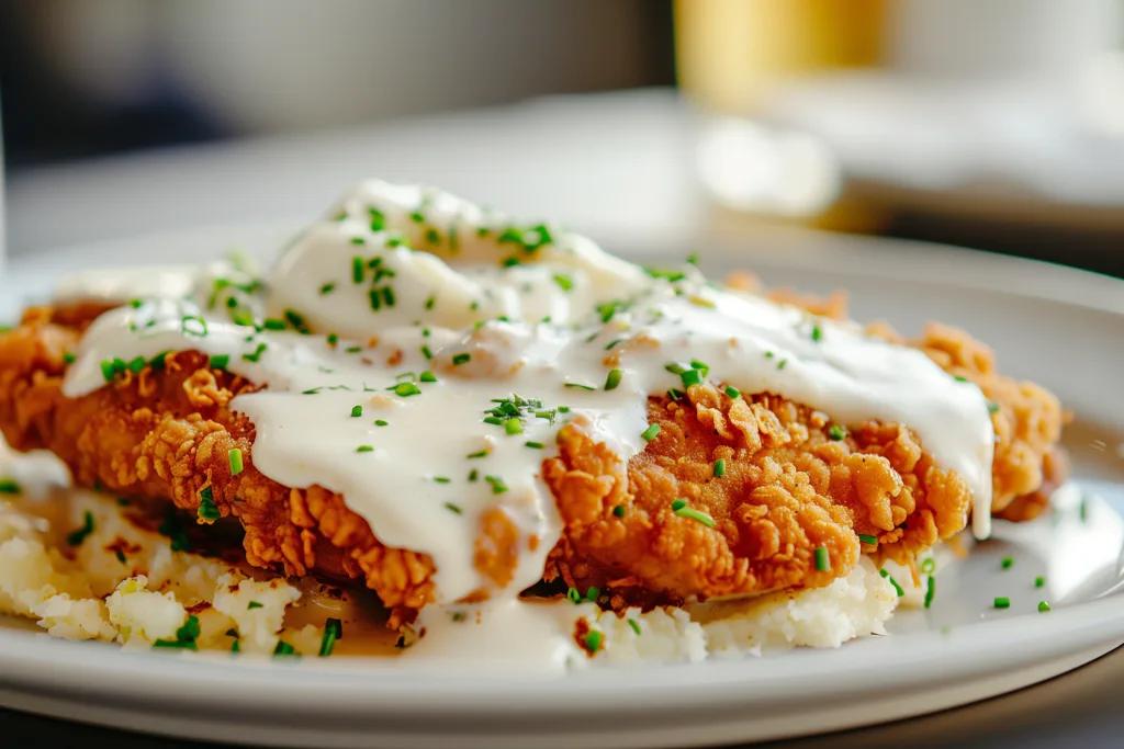 Close up of chicken fried steak with white gravy on a plate Close up of chicken fried steak with white gravy on a plate