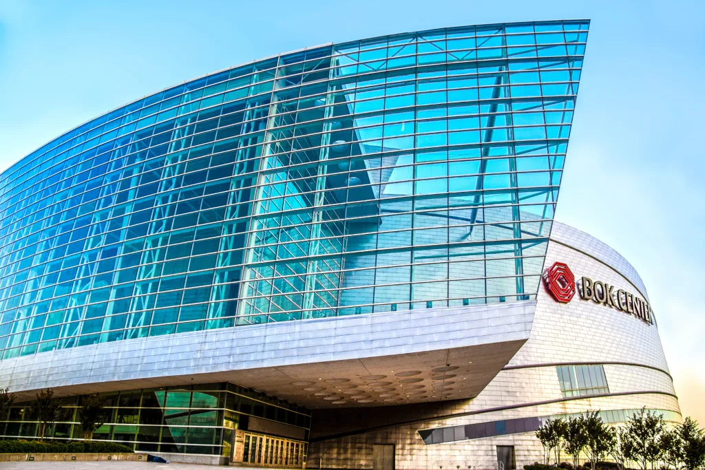 06 14 2020 Tulsa USA Entrance and long glass facade that wraps