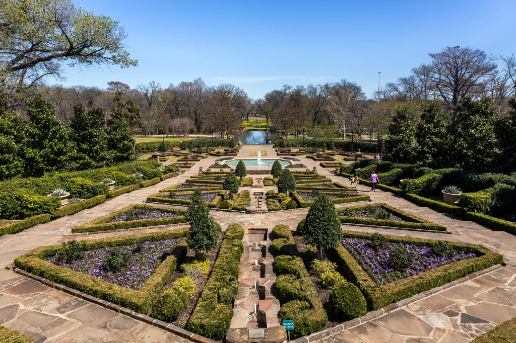 Beautiful view at the flower bed cascade in the Fort Worth Botan