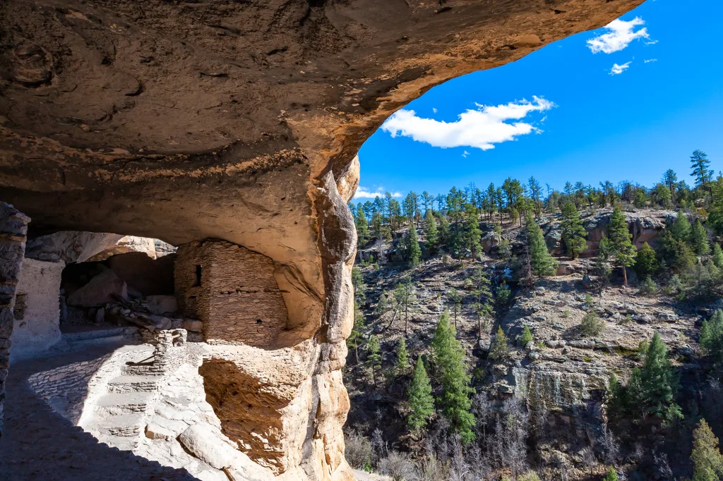 View on canyon with pine trees and beautiful blue sky on background from the cave arch inside Gila Cliff Dwellings New Mexico, USA