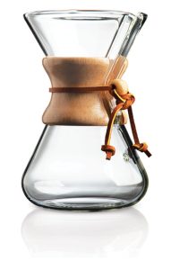 The Five Cup Handblown CHEMEX features a cool polished wood collar with leather tie—a perfect way to add a mid-century modern look to your coffee bar. ($83.90, Chemex.com)