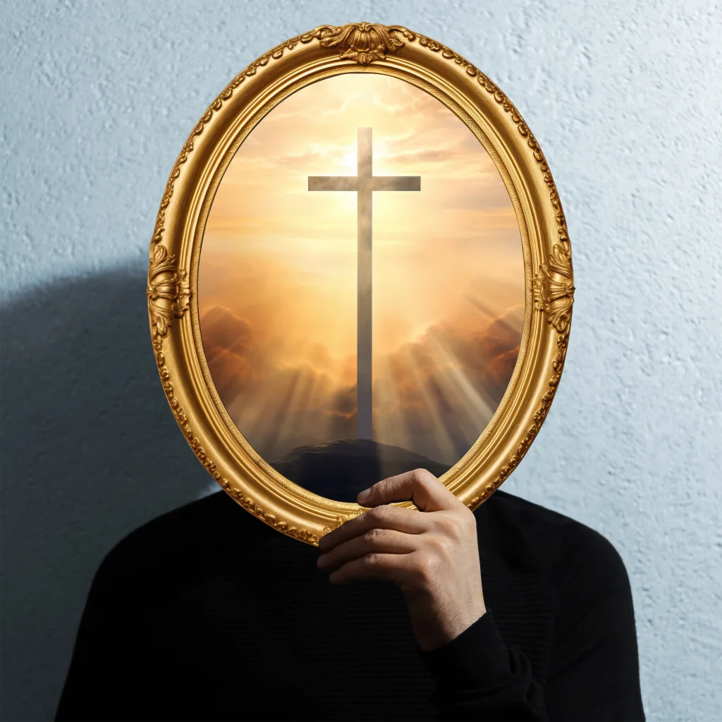 Enigmatic surrealistic optical illusion, young man holding round frame of ethereal cross