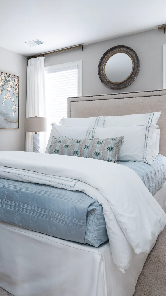 Neutral bed linens and nailhead trim headboard on this beautifully dressed white bed