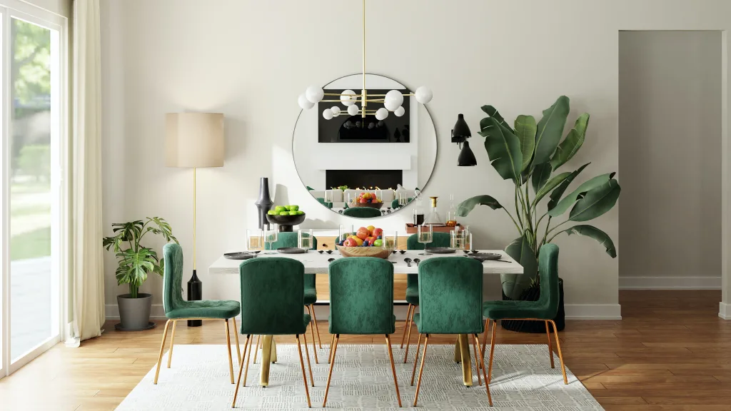 A dining room with a white table and green chairs sitting on a small light gray area rug