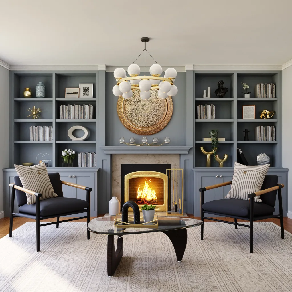 living room with large textured area rug and light blue built-ins surrounding fireplace