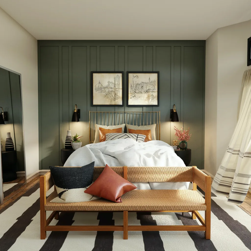 A bedroom with green walls and a black and white striped rug.
