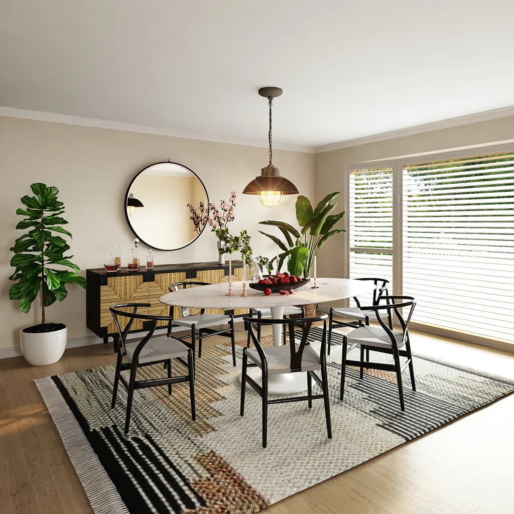 A modern dining room with a round table and chairs sitting on a thick textured area rug